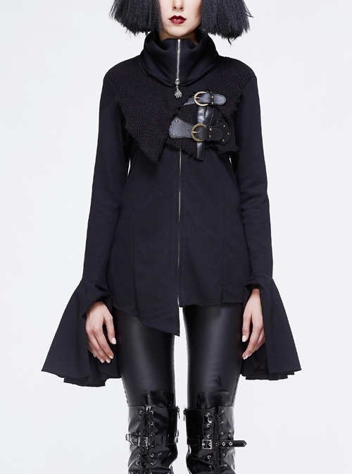 Fake Two-Piece Front Chest Metal Buckle Leather Strap Flare Sleeve Black Punk Fleece Knit Coat