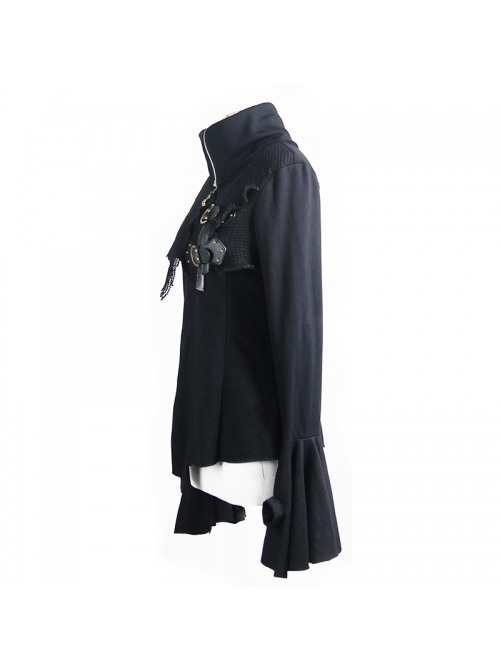 Fake Two-Piece Front Chest Metal Buckle Leather Strap Flare Sleeve Black Punk Fleece Knit Coat