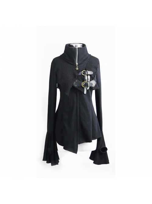 Fake Two-Piece Front Chest Metal Buckle Leather Strap Flare Sleeve Black Punk Fleece Knit Coat