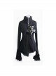 Fake Two-Piece Front Chest Metal Buckle Leather Strap Flare Sleeve Black Punk Fleece Knit Coat