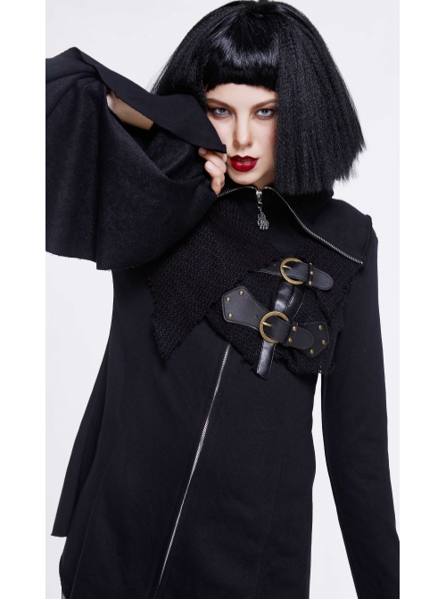Fake Two-Piece Front Chest Metal Buckle Leather Strap Flare Sleeve Black Punk Fleece Knit Coat