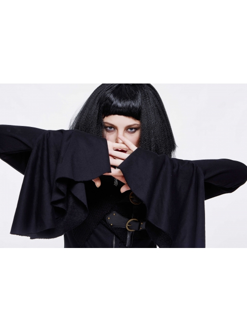 Fake Two-Piece Front Chest Metal Buckle Leather Strap Flare Sleeve Black Punk Fleece Knit Coat
