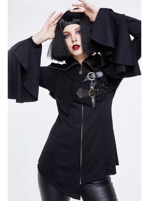 Fake Two-Piece Front Chest Metal Buckle Leather Strap Flare Sleeve Black Punk Fleece Knit Coat