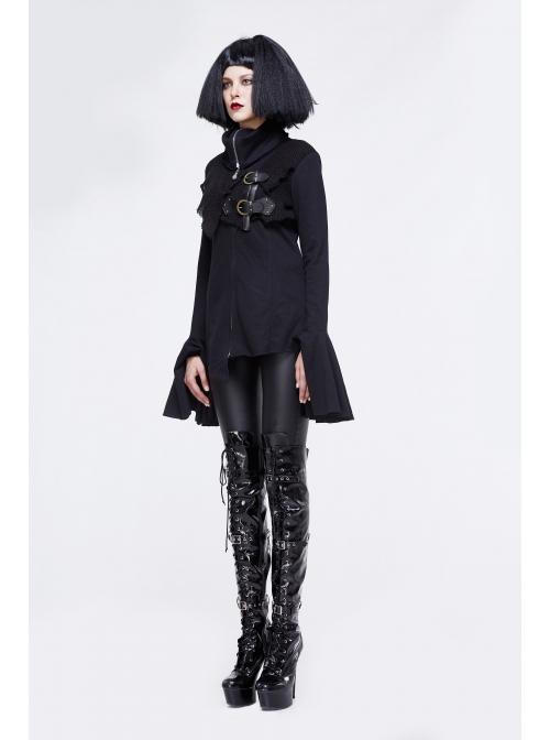 Fake Two-Piece Front Chest Metal Buckle Leather Strap Flare Sleeve Black Punk Fleece Knit Coat