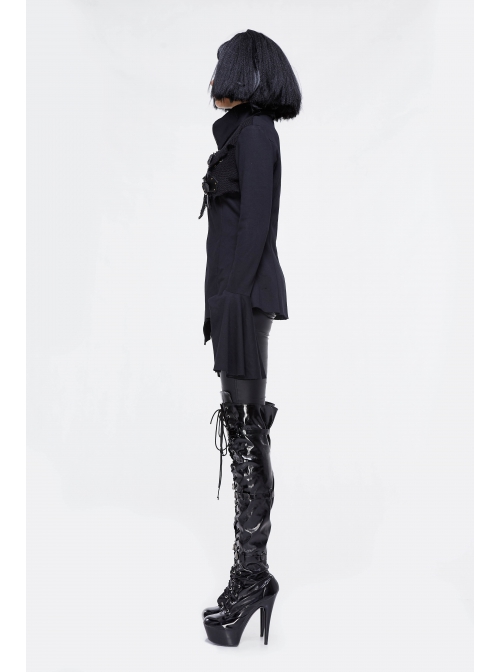 Fake Two-Piece Front Chest Metal Buckle Leather Strap Flare Sleeve Black Punk Fleece Knit Coat
