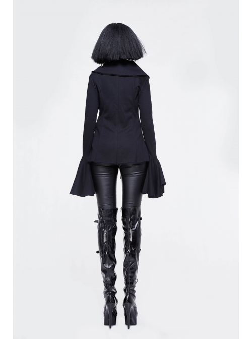 Fake Two-Piece Front Chest Metal Buckle Leather Strap Flare Sleeve Black Punk Fleece Knit Coat