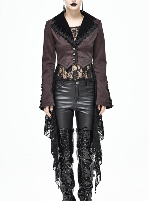 Front Retro Metal Button Back Lace-Up Lace Hem Wine Red Striped Jacquard Gothic Short Jacket