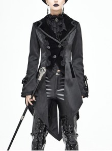 Front Decals Metal Button Lace-Up Cuff Dovetail Hem Black Gothic Striped Jacquard Coat