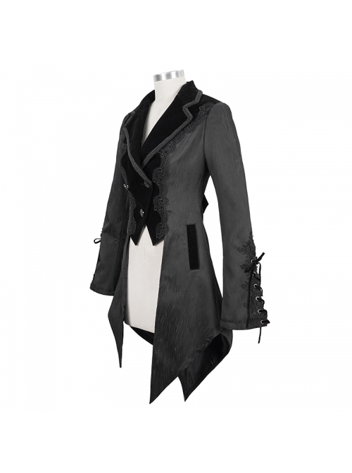 Front Decals Metal Button Lace-Up Cuff Dovetail Hem Black Gothic Striped Jacquard Coat