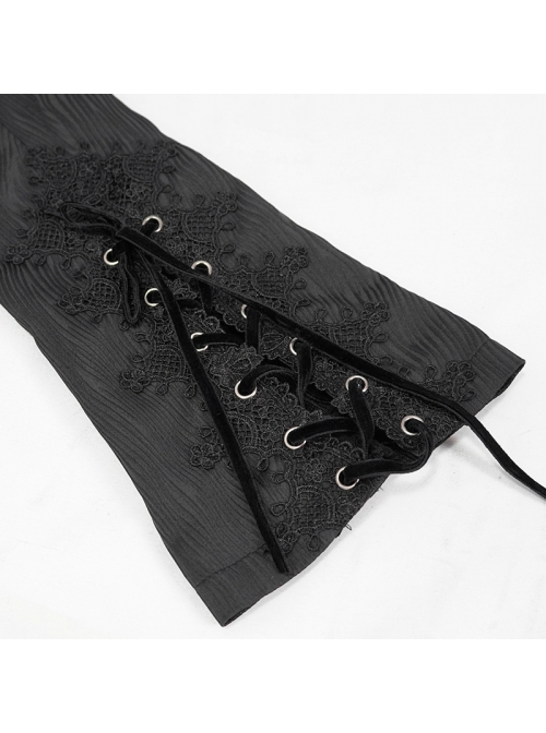 Front Decals Metal Button Lace-Up Cuff Dovetail Hem Black Gothic Striped Jacquard Coat