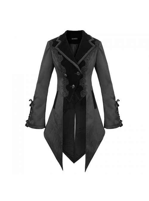 Front Decals Metal Button Lace-Up Cuff Dovetail Hem Black Gothic Striped Jacquard Coat