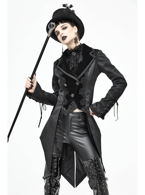 Front Decals Metal Button Lace-Up Cuff Dovetail Hem Black Gothic Striped Jacquard Coat