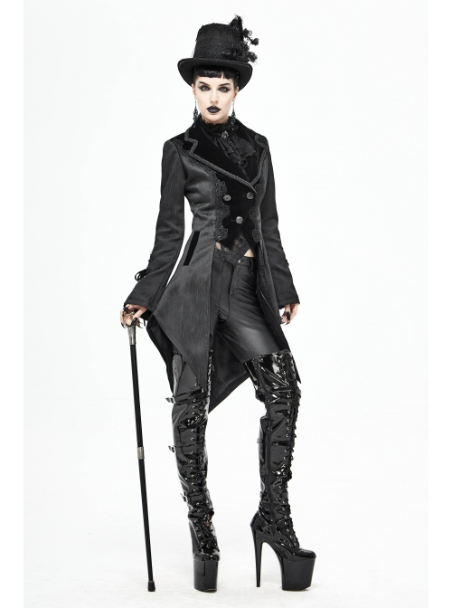 Front Decals Metal Button Lace-Up Cuff Dovetail Hem Black Gothic Striped Jacquard Coat