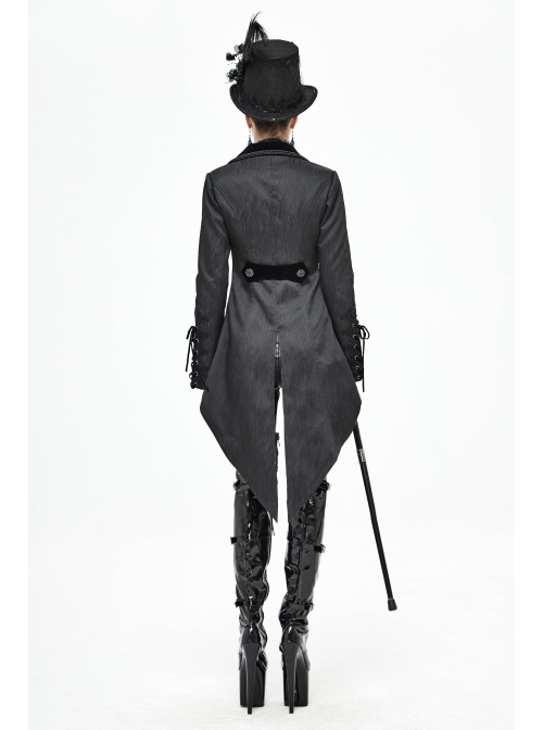 Front Decals Metal Button Lace-Up Cuff Dovetail Hem Black Gothic Striped Jacquard Coat