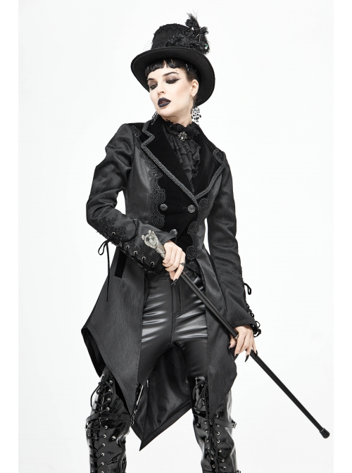 Front Decals Metal Button Lace-Up Cuff Dovetail Hem Black Gothic Striped Jacquard Coat