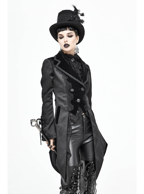 Front Decals Metal Button Lace-Up Cuff Dovetail Hem Black Gothic Striped Jacquard Coat
