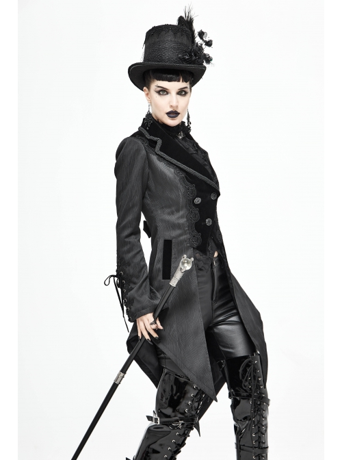 Front Decals Metal Button Lace-Up Cuff Dovetail Hem Black Gothic Striped Jacquard Coat