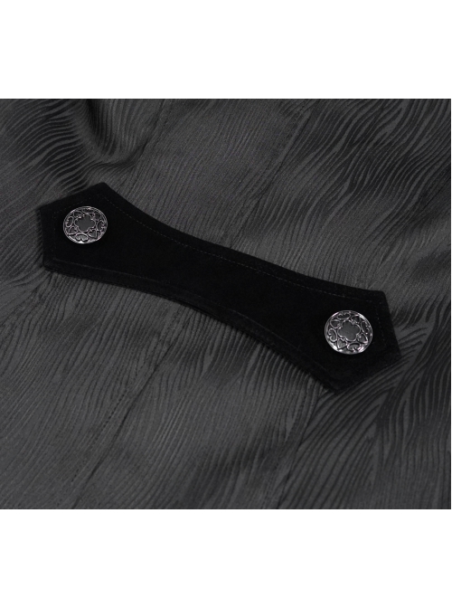 Front Decals Metal Button Lace-Up Cuff Dovetail Hem Black Gothic Striped Jacquard Coat