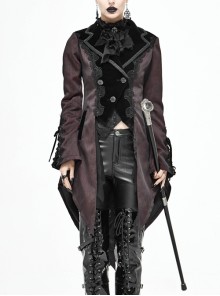 Front Decals Metal Button Lace-Up Cuff Dovetail Hem Wine Red Gothic Striped Jacquard Coat