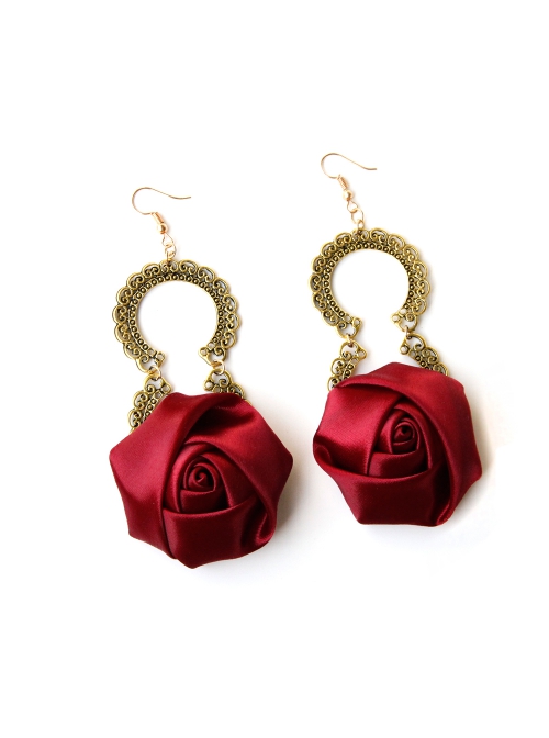 Fashion Retro Christmas Prom Red Rose Flower Festival Bride Girl Birthday Party Earrings