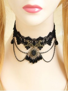 Gothic Fashion Retro Female Black Tassel Lace Flower Pearl Choker