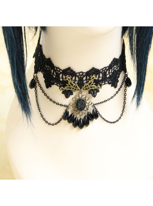Gothic Fashion Retro Female Black Tassel Lace Flower Pearl Choker