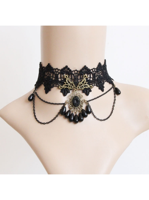 Gothic Fashion Retro Female Black Tassel Lace Flower Pearl Choker