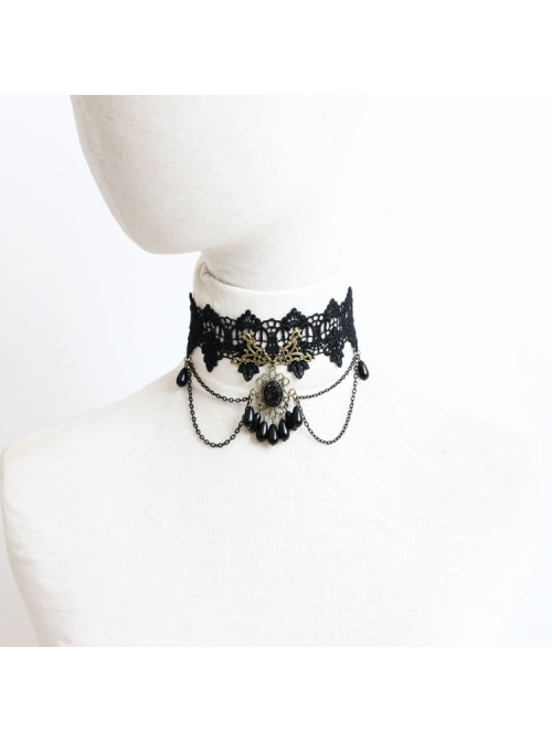 Gothic Fashion Retro Female Black Tassel Lace Flower Pearl Choker