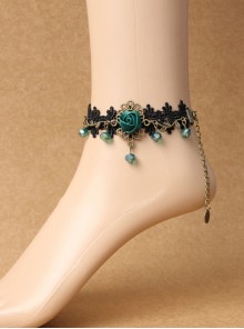 Retro Gothic Black Palace Fashion Individuality Lace Dark Green Rose Crystal Anklet