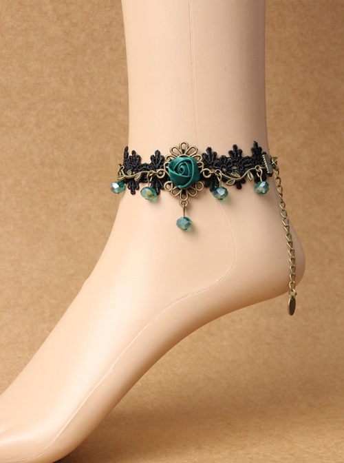 Retro Gothic Black Palace Fashion Individuality Lace Dark Green Rose Crystal Anklet