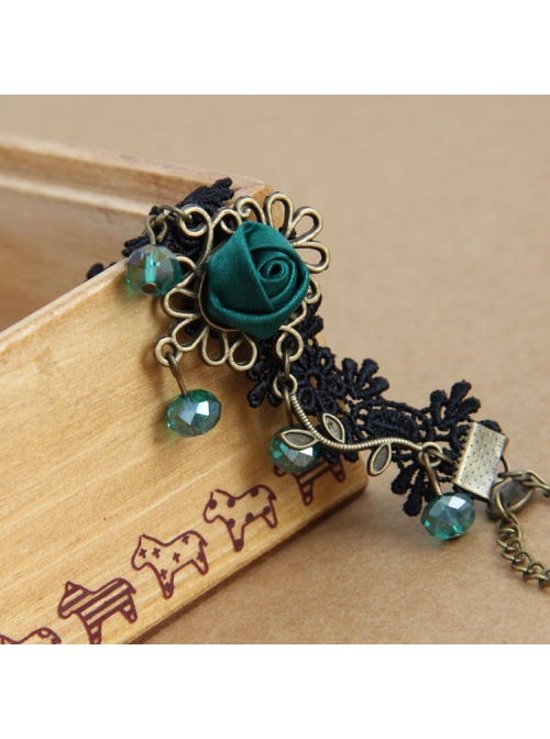 Retro Gothic Black Palace Fashion Individuality Lace Dark Green Rose Crystal Anklet