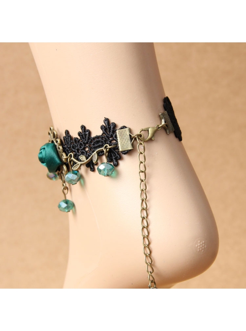 Retro Gothic Black Palace Fashion Individuality Lace Dark Green Rose Crystal Anklet