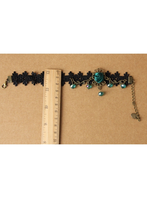 Retro Gothic Black Palace Fashion Individuality Lace Dark Green Rose Crystal Anklet