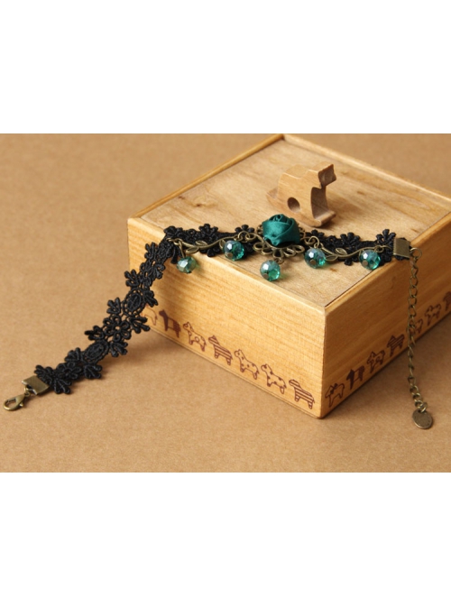 Retro Gothic Black Palace Fashion Individuality Lace Dark Green Rose Crystal Anklet