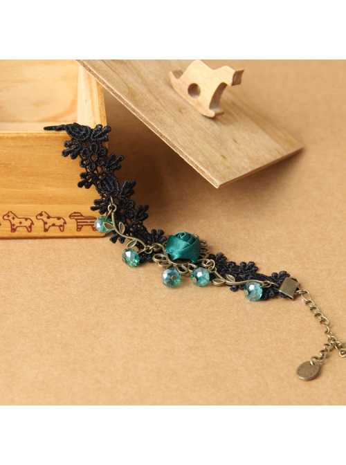 Retro Gothic Black Palace Fashion Individuality Lace Dark Green Rose Crystal Anklet