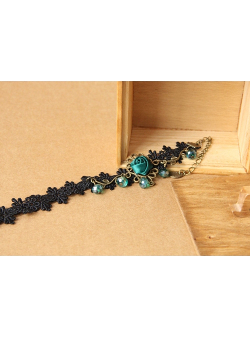Retro Gothic Black Palace Fashion Individuality Lace Dark Green Rose Crystal Anklet