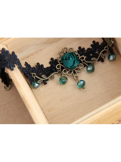 Retro Gothic Black Palace Fashion Individuality Lace Dark Green Rose Crystal Anklet