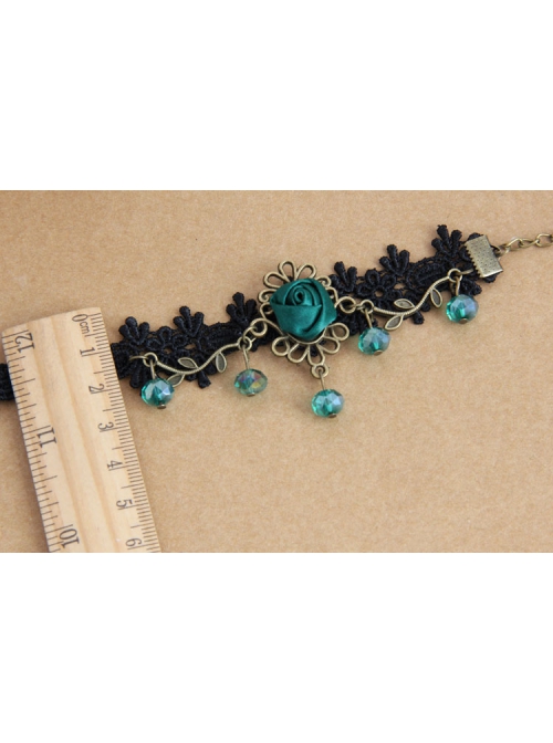 Retro Gothic Black Palace Fashion Individuality Lace Dark Green Rose Crystal Anklet