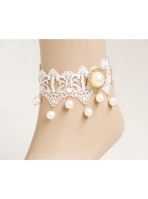 Palace Retro Fashion Baroque White Lace Pearl Female Handmade Bride Dress Anklet