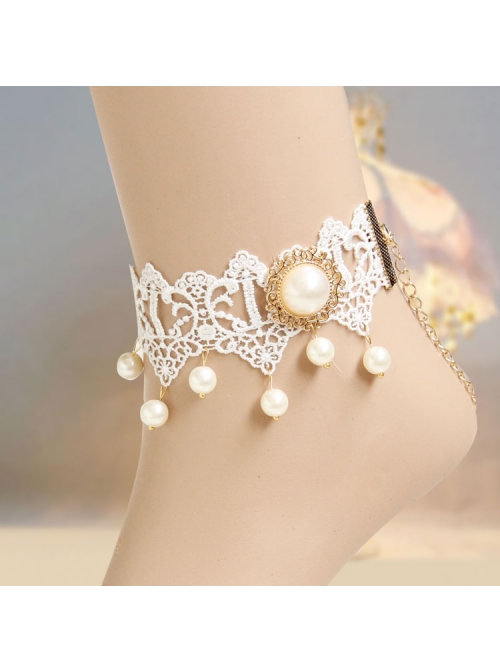 Palace Retro Fashion Baroque White Lace Pearl Female Handmade Bride Dress Anklet