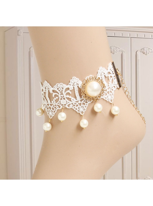 Palace Retro Fashion Baroque White Lace Pearl Female Handmade Bride Dress Anklet