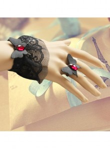 Black Gothic Fashion Retro Simple Lace Butterfly Ruby Female Fashion Ring Bracelet