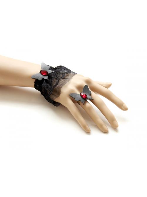 Black Gothic Fashion Retro Simple Lace Butterfly Ruby Female Fashion Ring Bracelet