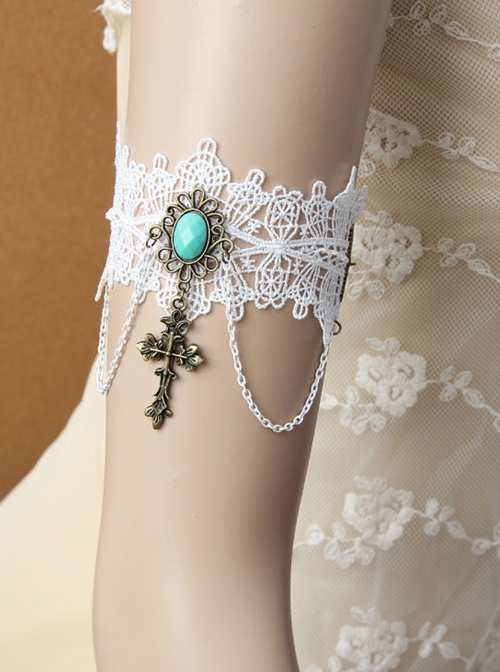 Baroque Fashion Retro Bride Wedding White Lace Sapphire Cross Female Wide Armband