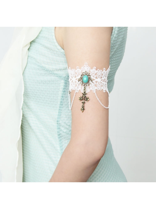 Baroque Fashion Retro Bride Wedding White Lace Sapphire Cross Female Wide Armband