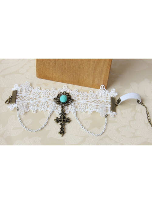 Baroque Fashion Retro Bride Wedding White Lace Sapphire Cross Female Wide Armband