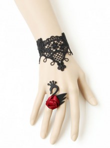 Gothic Fashion Black Swan Retro Lace Red Rose Flower Female Gothic Bride Bracelet With Ring Set