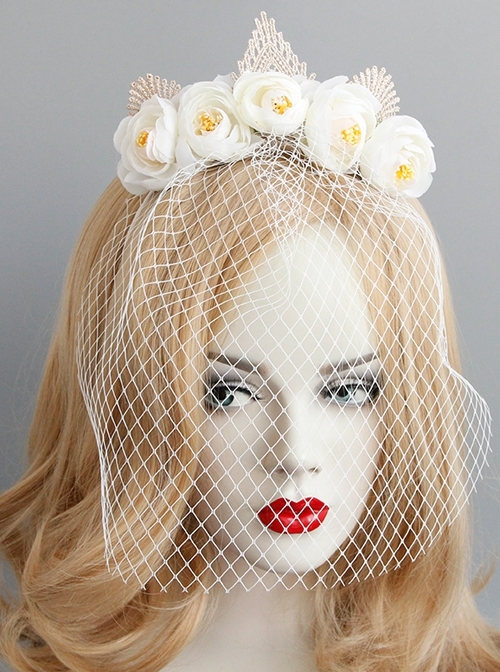 Fashion Baroque White Rose Flower Gown Christmas Retro Lace Crown Full Face Veil Masquerade Headband
