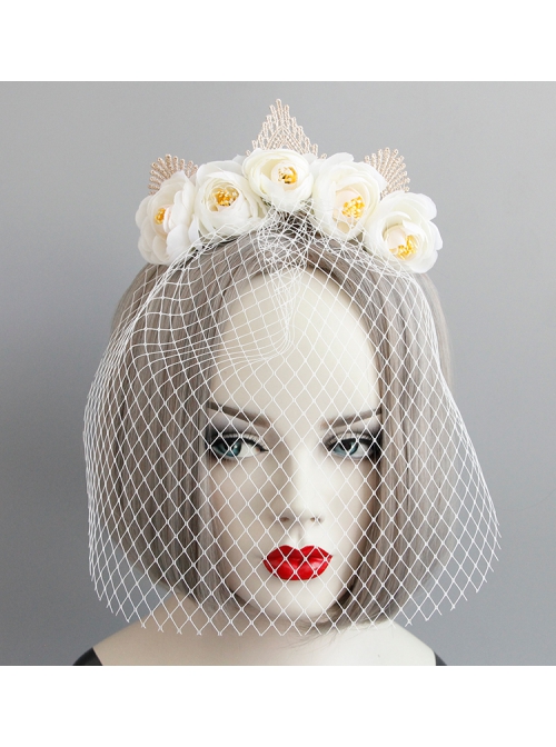 Fashion Baroque White Rose Flower Gown Christmas Retro Lace Crown Full Face Veil Masquerade Headband