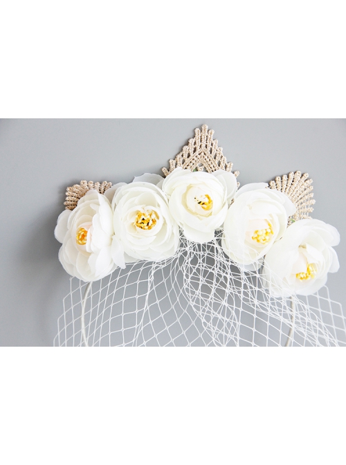 Fashion Baroque White Rose Flower Gown Christmas Retro Lace Crown Full Face Veil Masquerade Headband